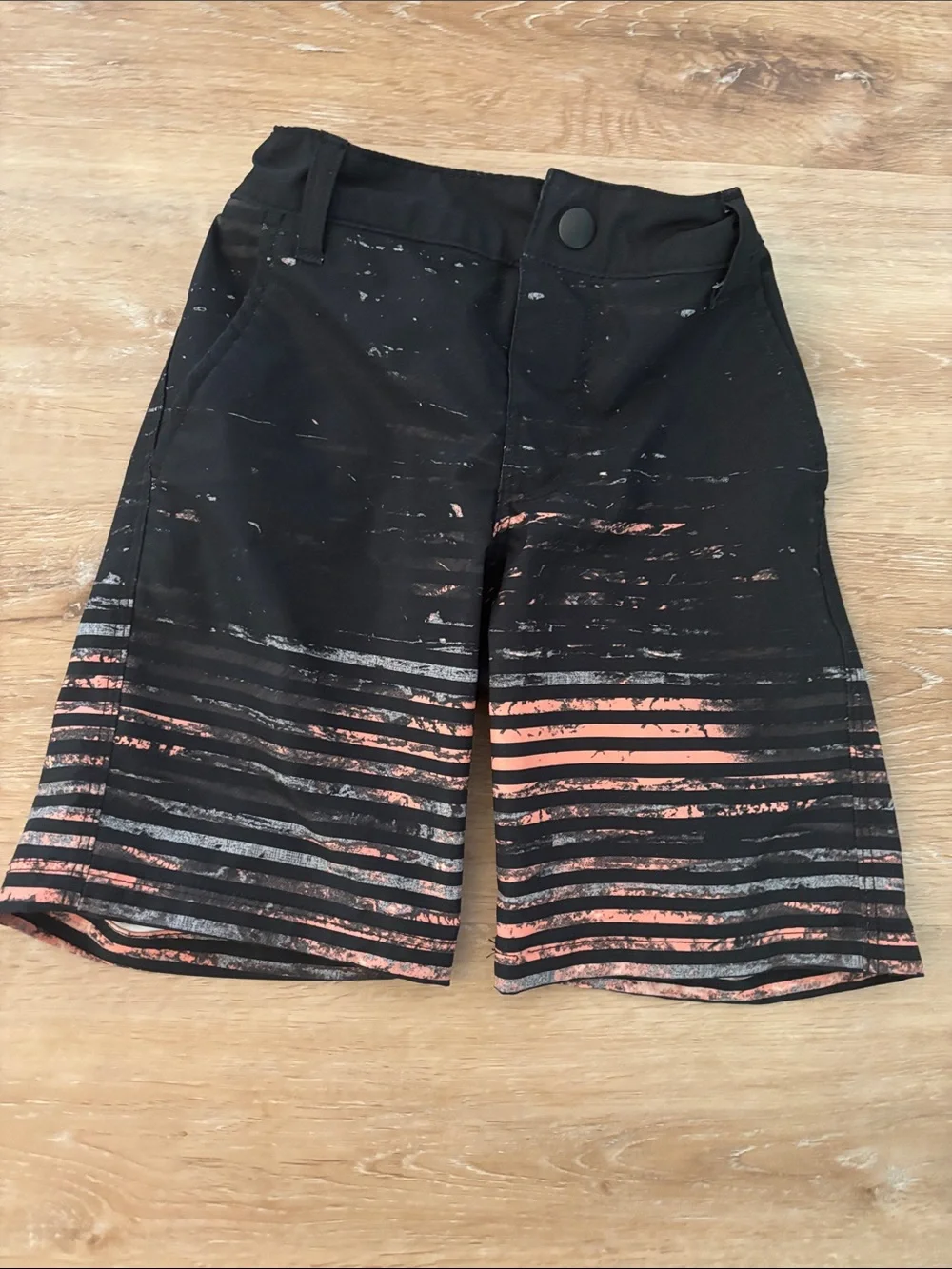 art class Black Shorts with Coral and Gray Stripe Print
